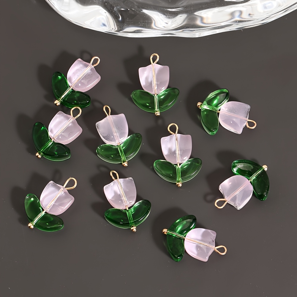 10pcs Glass Tulip Flower Pendants with 3D Leaves Multicolor Necklace Charms